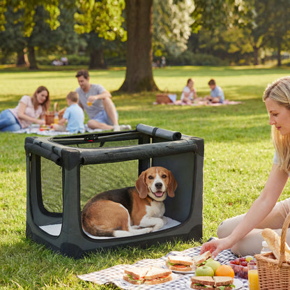 Soft Dog Crate Pet Travel Crate 76 x 54 x 54 cm with Removable Pad Mesh Window Army Green