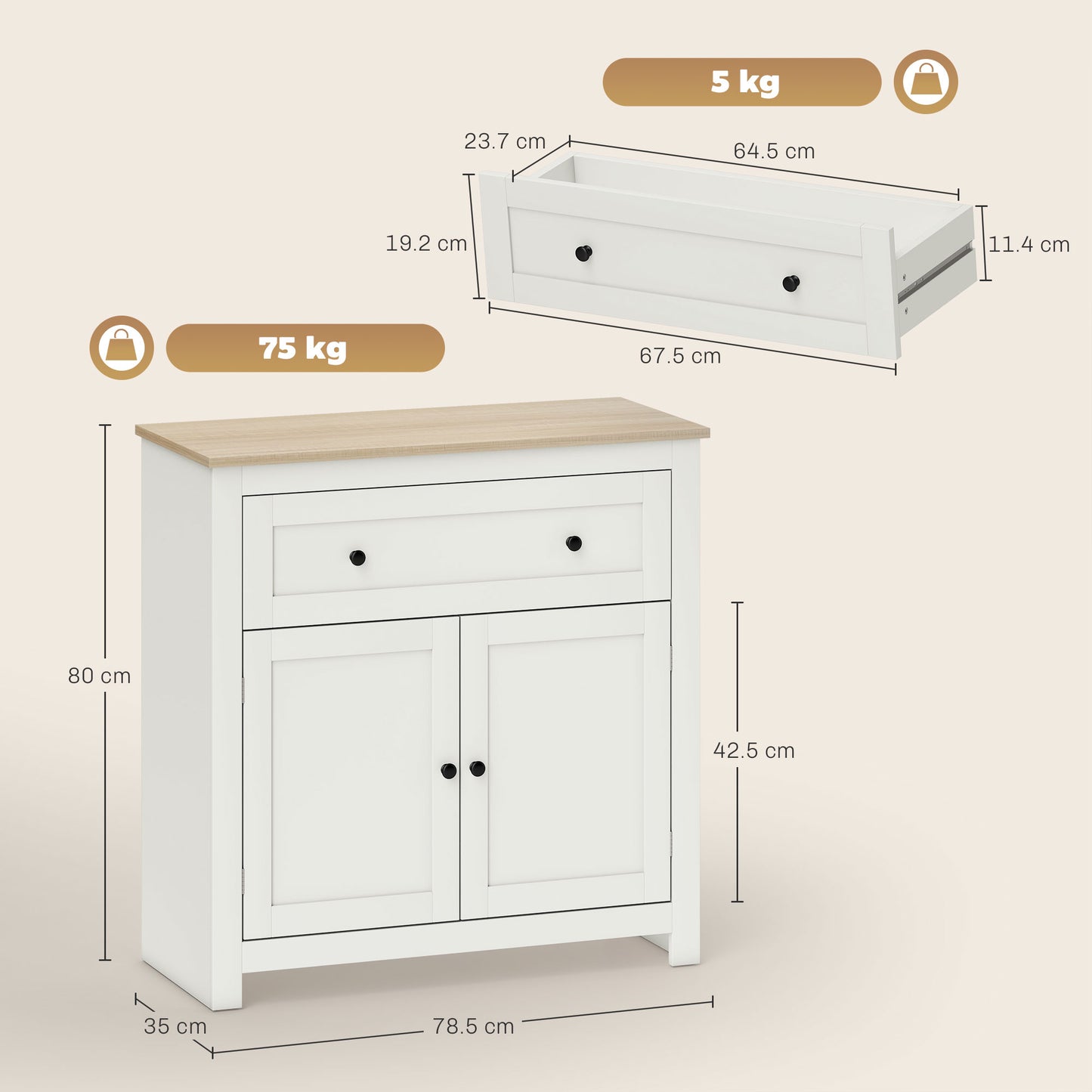 Sideboard Storage Cabinet, Modern Kitchen Cupboard with Adjustable Shelf, Drawer and Double Doors, Cream White