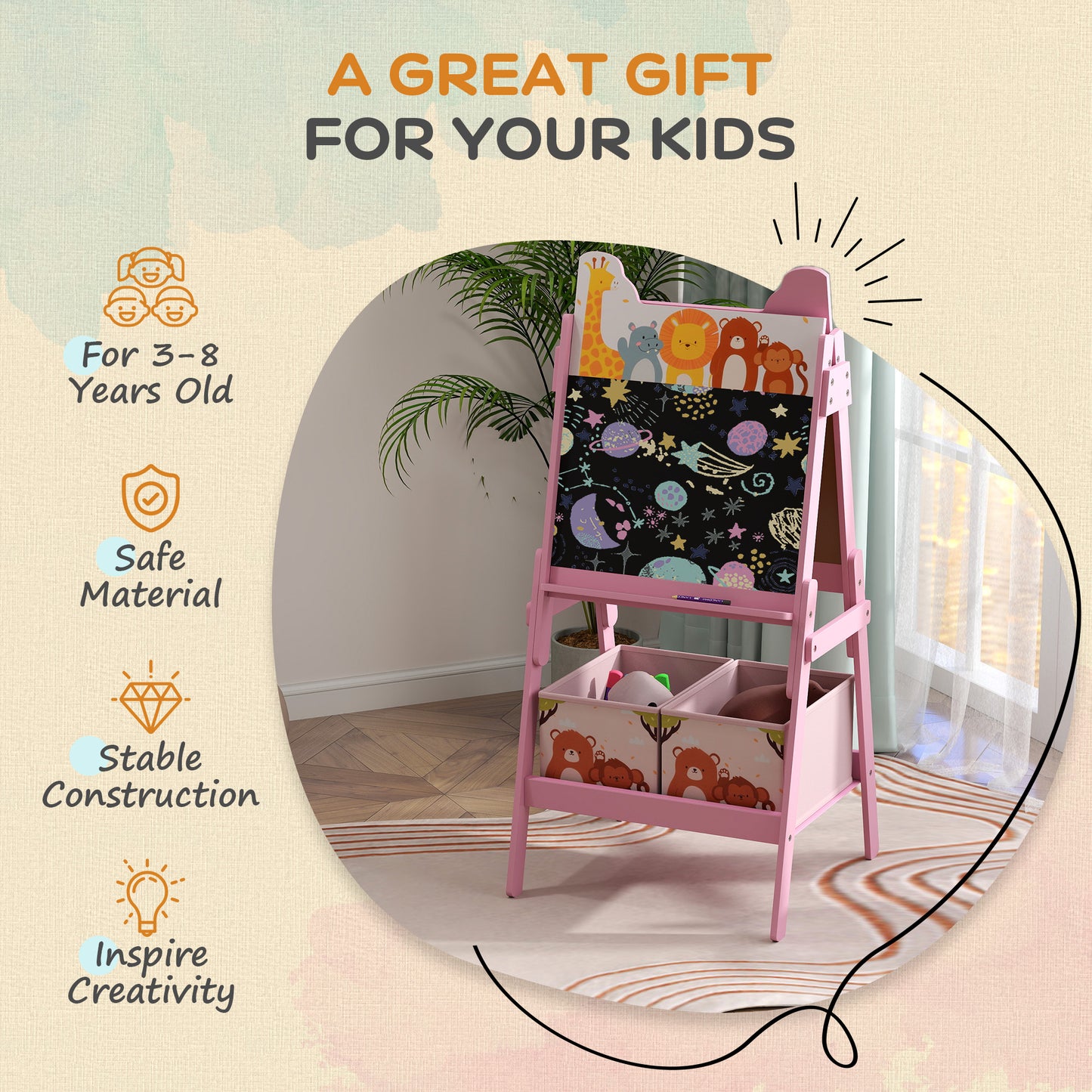 2 in 1 Kids Easel with Whiteboard, Chalkboard, Storage Boxes, for Ages 3-8 Years, Pink