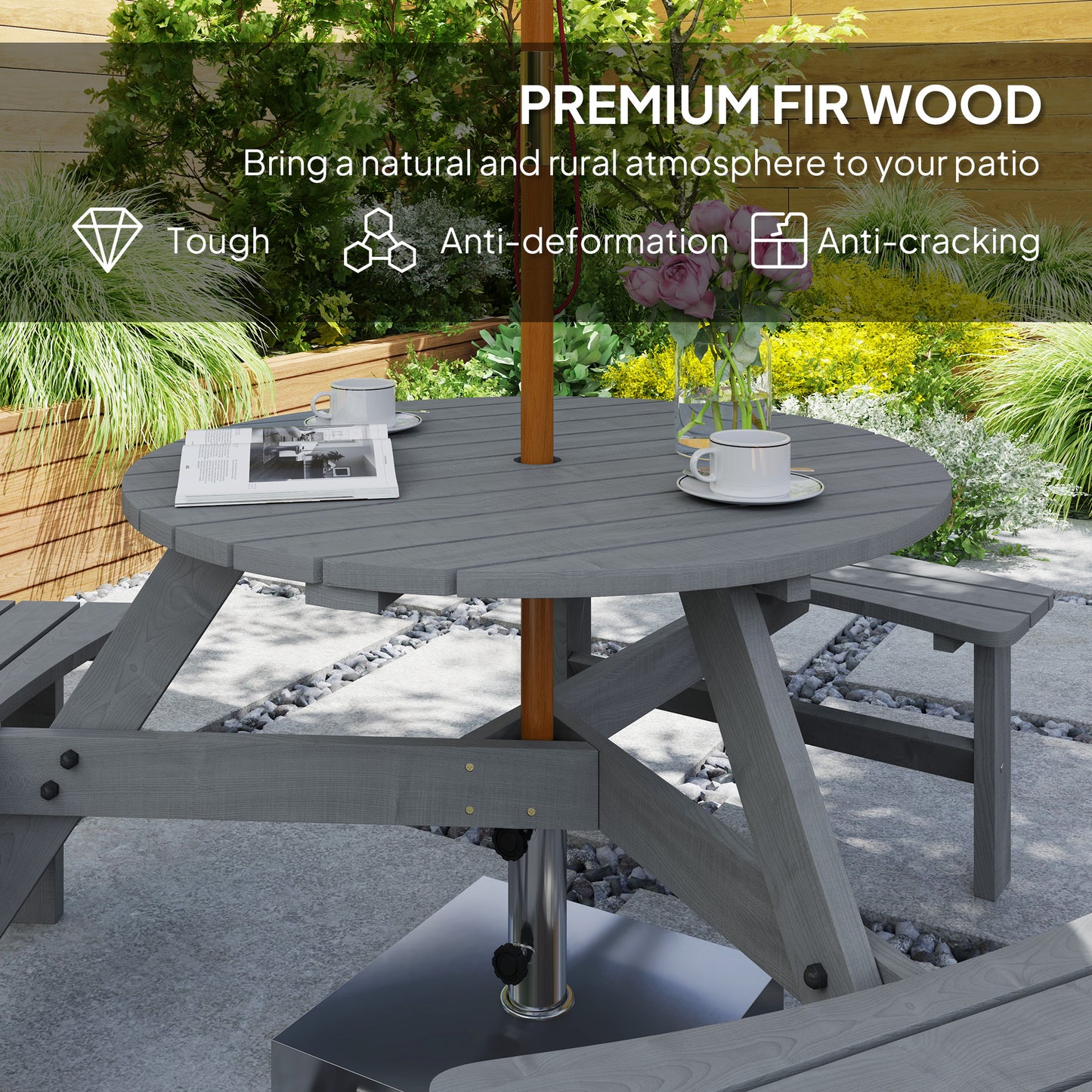 Wooden Garden Dining Set, 6 Seater Round Dining Picnic Table with Matching Bench, Garden Furniture Set