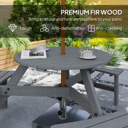 Wooden Garden Dining Set, 6 Seater Round Dining Picnic Table with Matching Bench, Garden Furniture Set