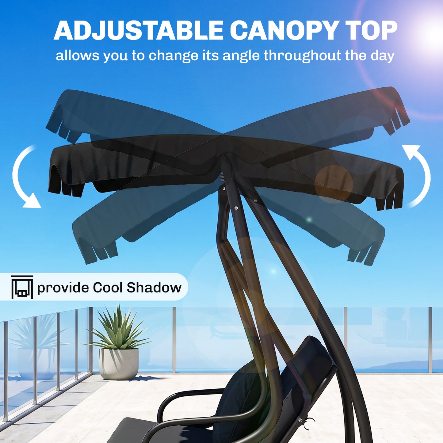 Three-Person garden Swing Chair, with Adjustable Canopy - Black