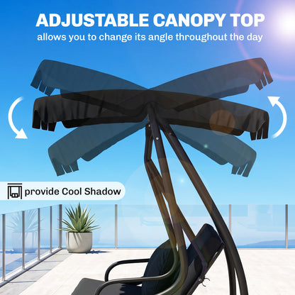 Three-Person garden Swing Chair, with Adjustable Canopy - Black