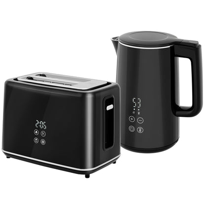 Polished Stainless Steel Kettle and Toaster Set - Black