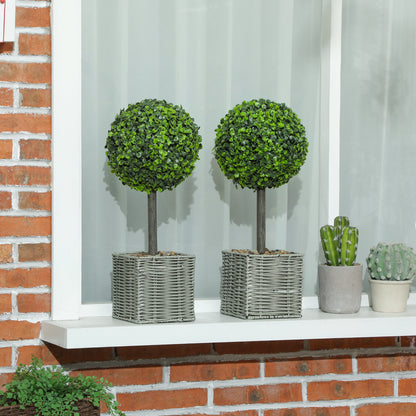 Set of 2 Decorative Artificial Plants, 50cm Faux Boxwood Topiary Balls with Woven Plastic Pot and Pebbles