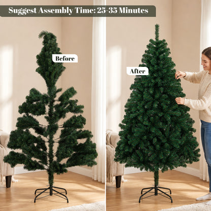 6ft Artificial Christmas Tree, Fir Hinged Xmas Tree with 700 Branch Tips, Foldable Steel Stand, Green