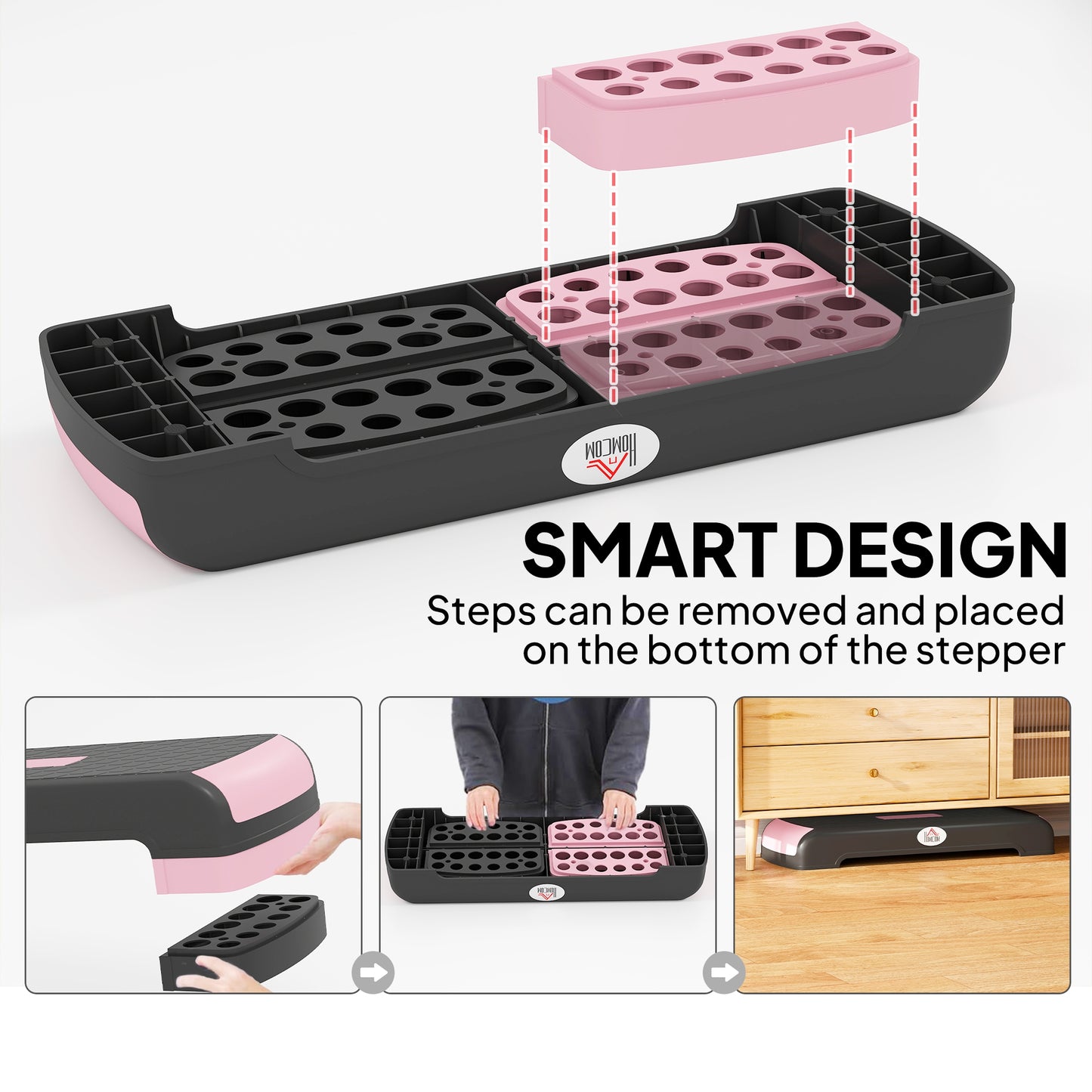 Aerobic Step with 3-Level Adjustable Heights for Home, Office Exercise, Black and Pink