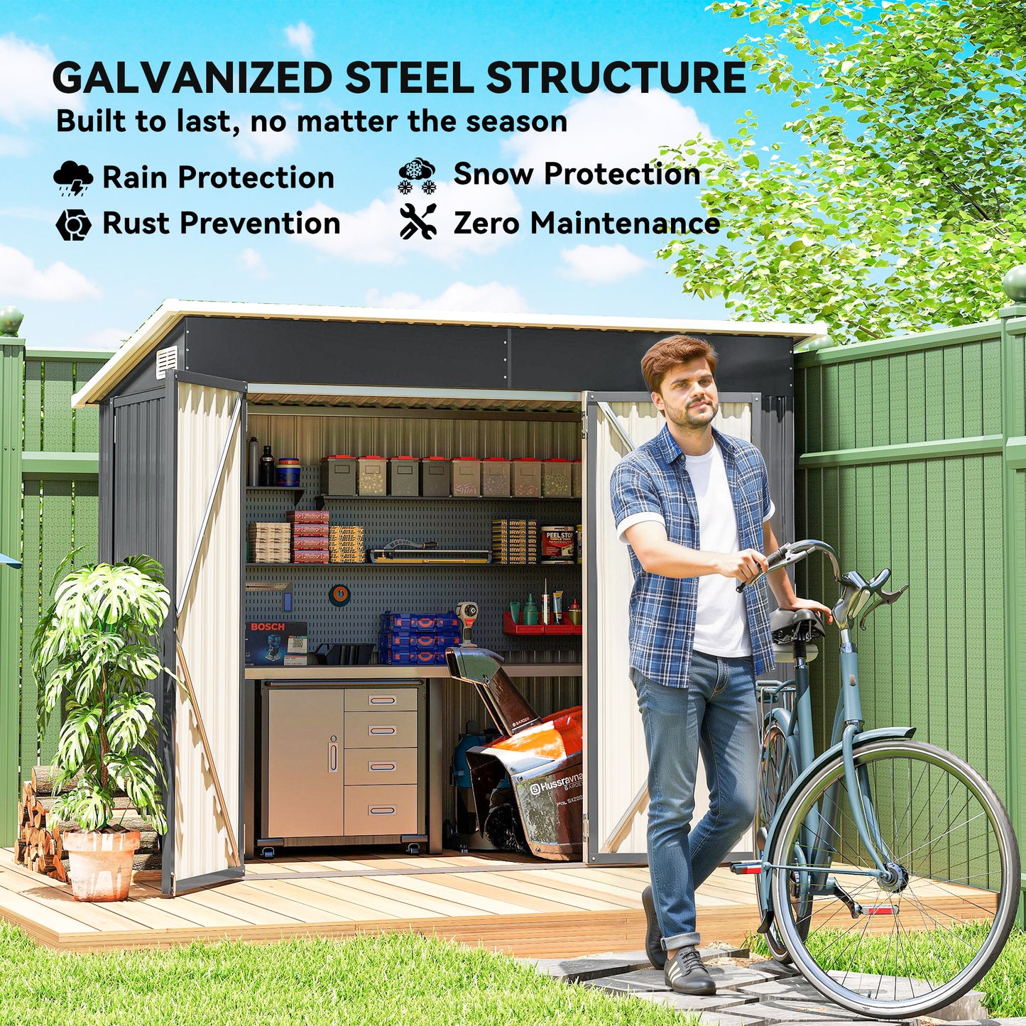 7.5 x 4.3ft Metal Garden Storage Shed, Waterproof Outdoor Shed with Triple Lockable Door, Gloves, Vents, Dark Grey