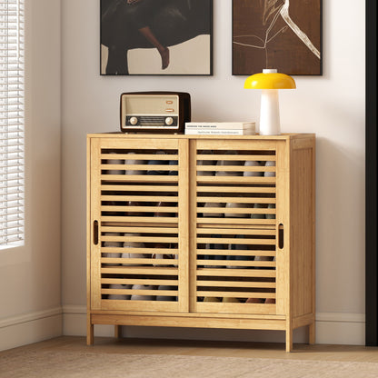Bamboo Shoe Cabinet with 2 Sliding Slat Doors, 16Pairs, Adjustable Shelves, Natural