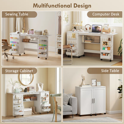 Folding Sewing Table with 2 Magnetic Doors, Storage Shelf, Lockable Wheels, Space Saving, White