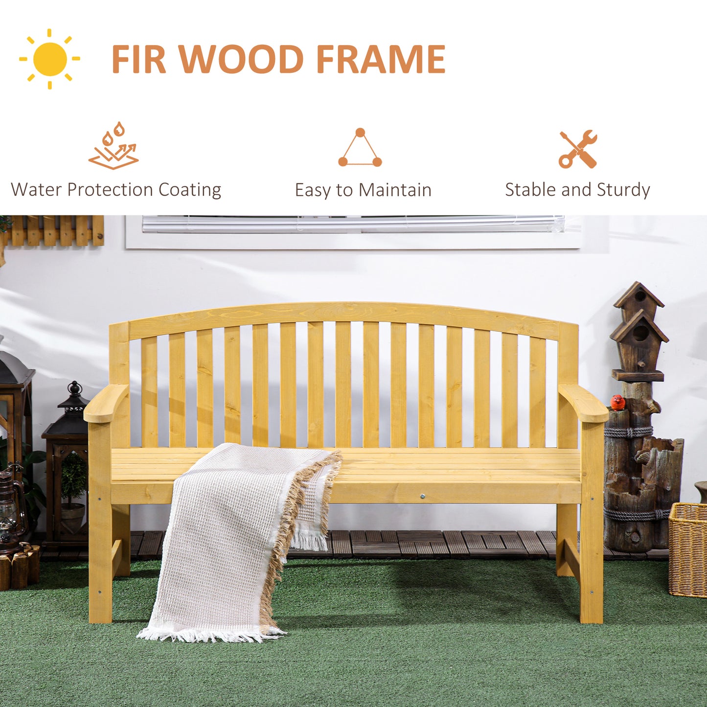 2 Seater Wooden Garden Bench with Armrest, Outdoor Furniture Chair for Park, Balcony, Orange