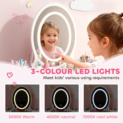 Kids Vanity Table and Chair Set with 3-Colour LED Lights Mirror, Drawer, Storage Boxes, for 3+ Years, White