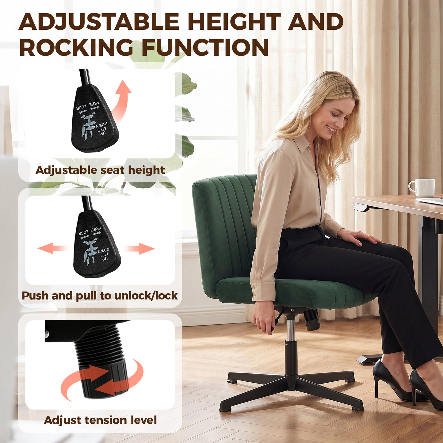 Flannel Criss Cross Legged Desk Chair, Armless Office Chair No Wheels, Green
