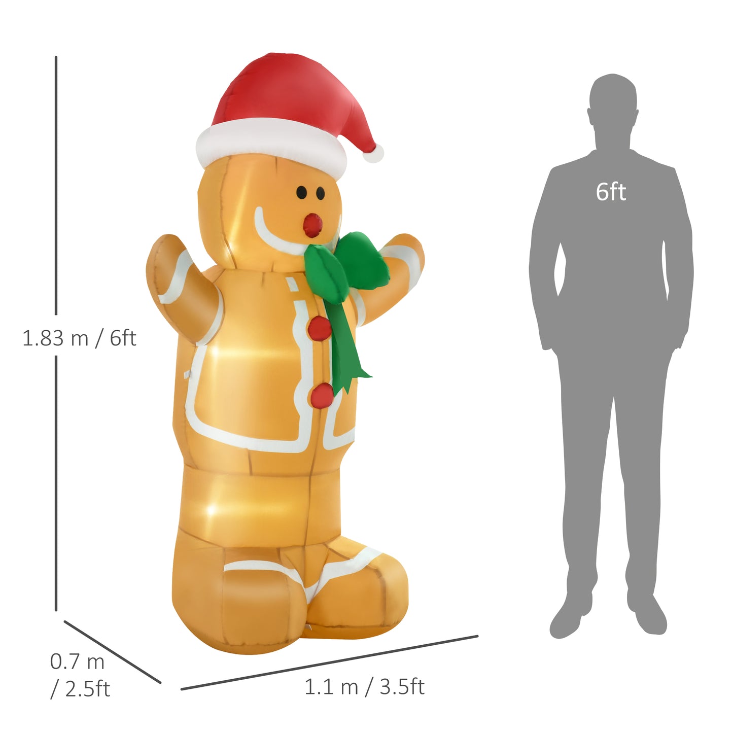 6ft Christmas Inflatable Gingerbread Man & Santa Hat Safe Outdoor Decoration w/ Accessories