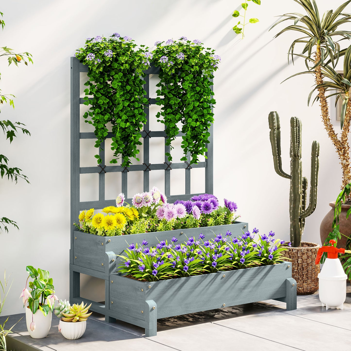 2-Tier Raised Garden Bed with Trellis, Wooden Elevated Planter Box with Drainage Holes