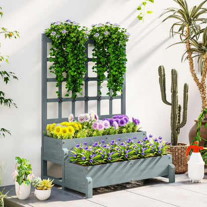 2-Tier Raised Garden Bed with Trellis, Wooden Elevated Planter Box with Drainage Holes