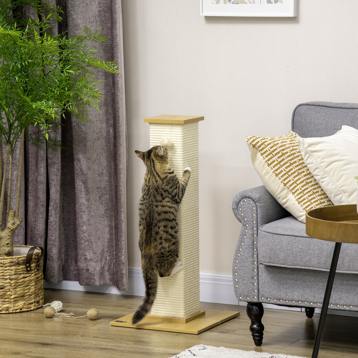 80cm Scratching Post, with Toy Ball, Sisal Rope - White
