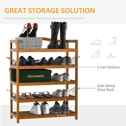 5-Tier Shoe Rack, Acacia Wooden Shoe Storage Organiser with Hangers, Holds up to 19 Pairs, for Entryway, Living Room