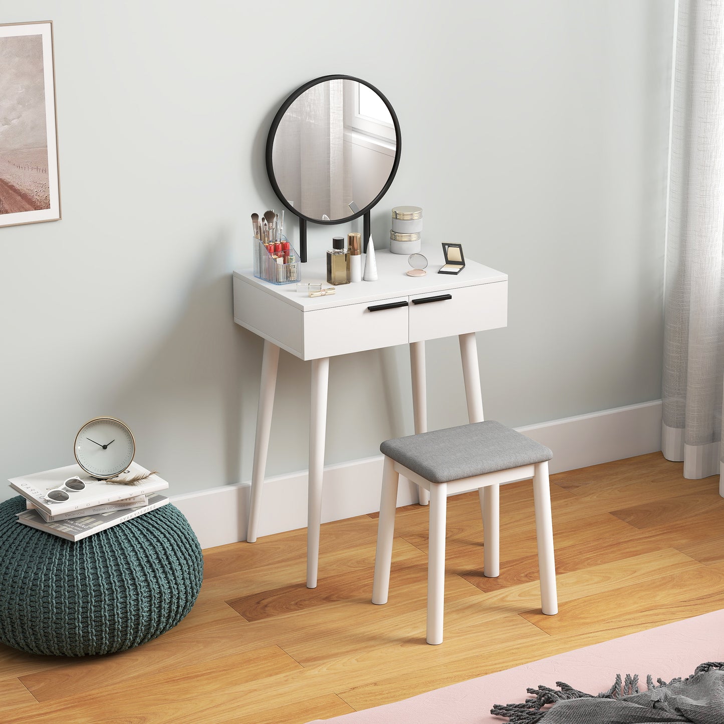 Modern Dressing Table with Round Mirror and Stool, Makeup Vanity Table with 2 Drawers for Bedroom, Living Room