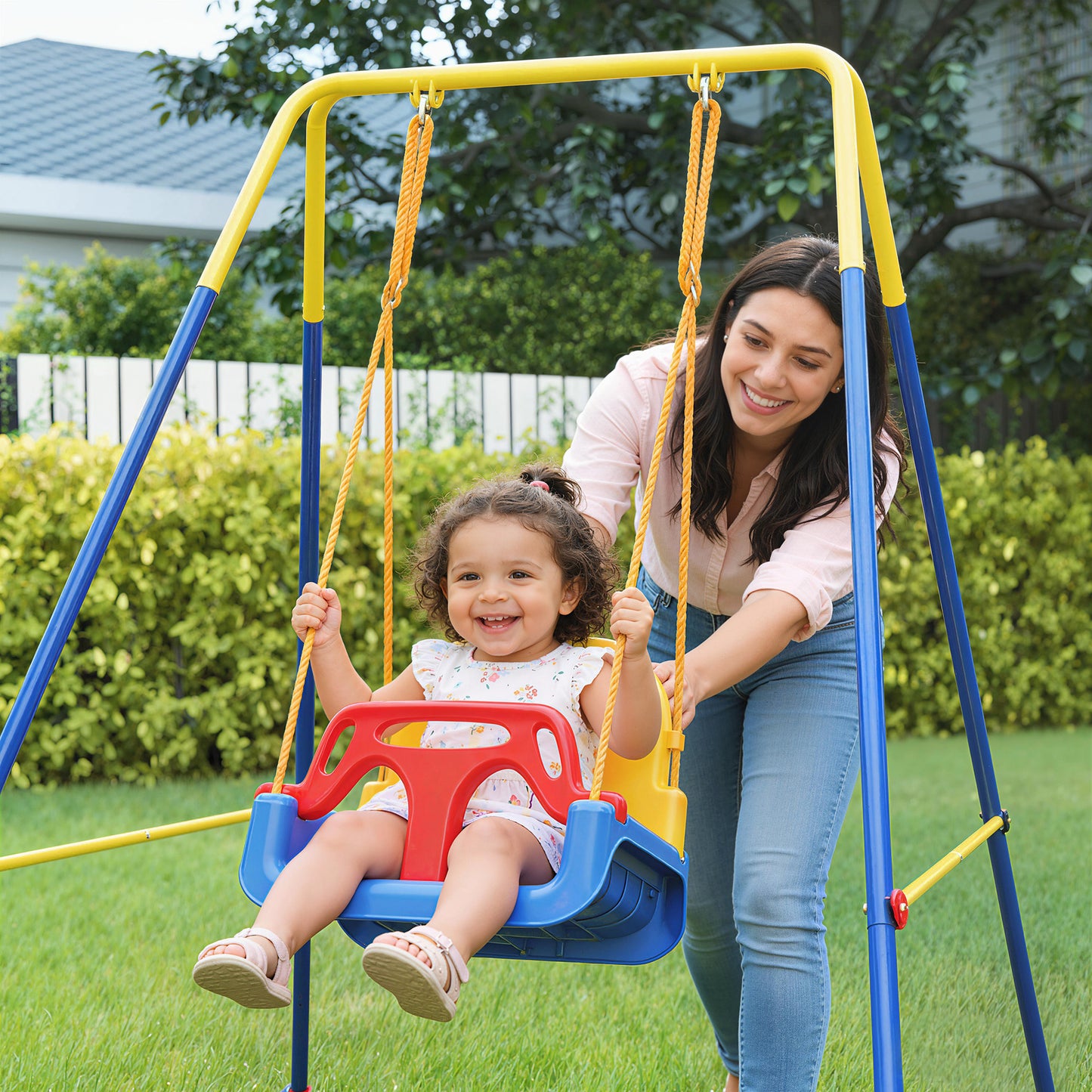 3 in 1 Toddler Swing Set, Folding Child Swing Set with Seat Belt, Adjustable Seat for Outdoor Indoor, Blue