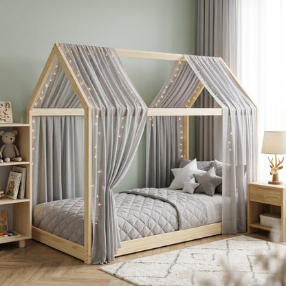Single Bed Frame, House Scandinavian Wooden Bed Frame for 90W x 190Dcm Mattress, Pine Wood Bed Base, Natural Wood Finish