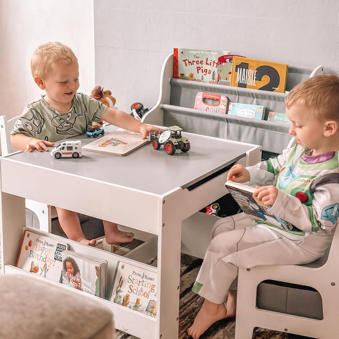 Three-Piece Kids Table and Chair Set with Blackboard, Storage, Bookshelves - Grey