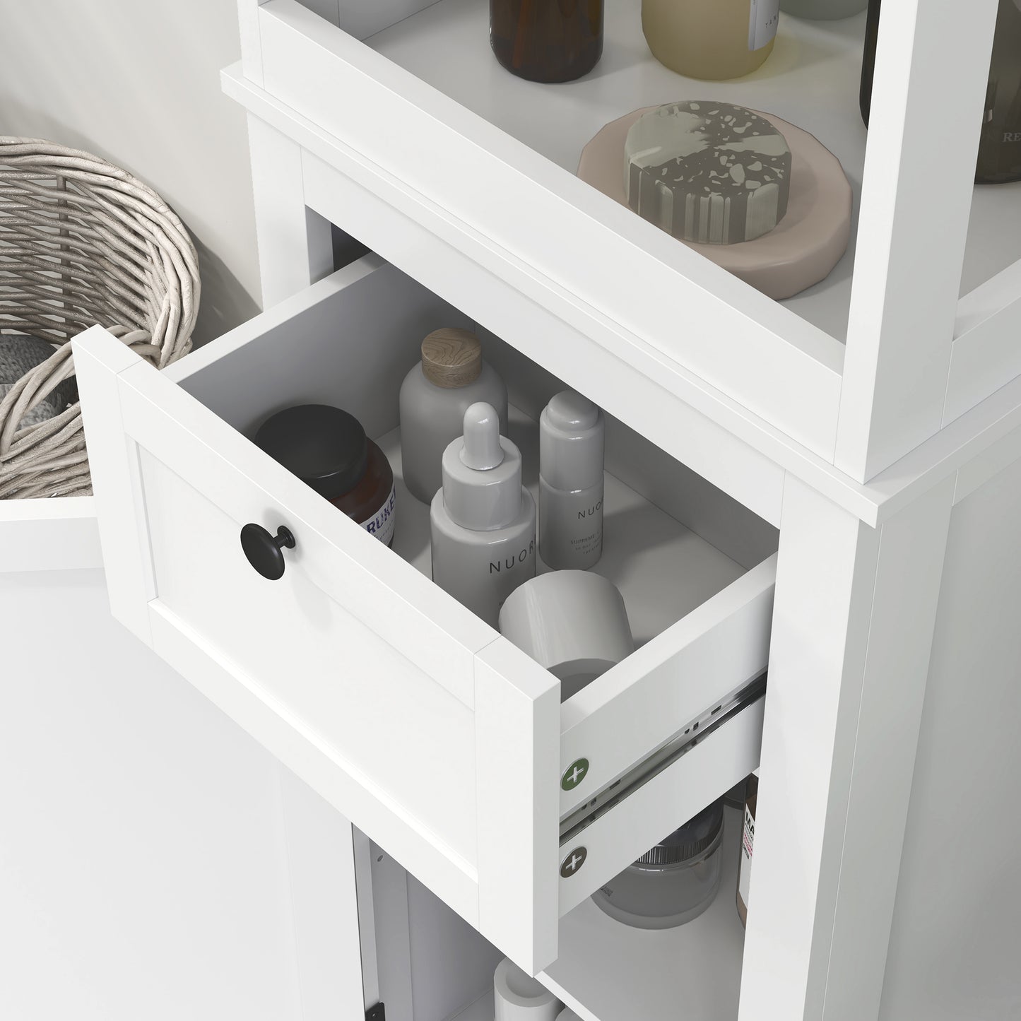 Tall Bathroom Cabinet, Slim Bathroom Storage Cabinet with 2 Open Shelves, Soft Close Door and Drawer, Adjustable Shelf