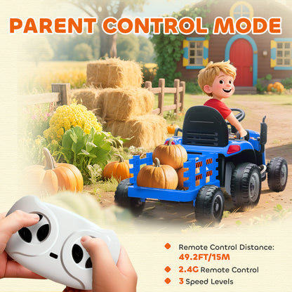 12V Ride on Tractor and Trailer with Remote Control, Music, Shifter, Start-Up Sound, for Kids Ages 3-8 Years, Blue