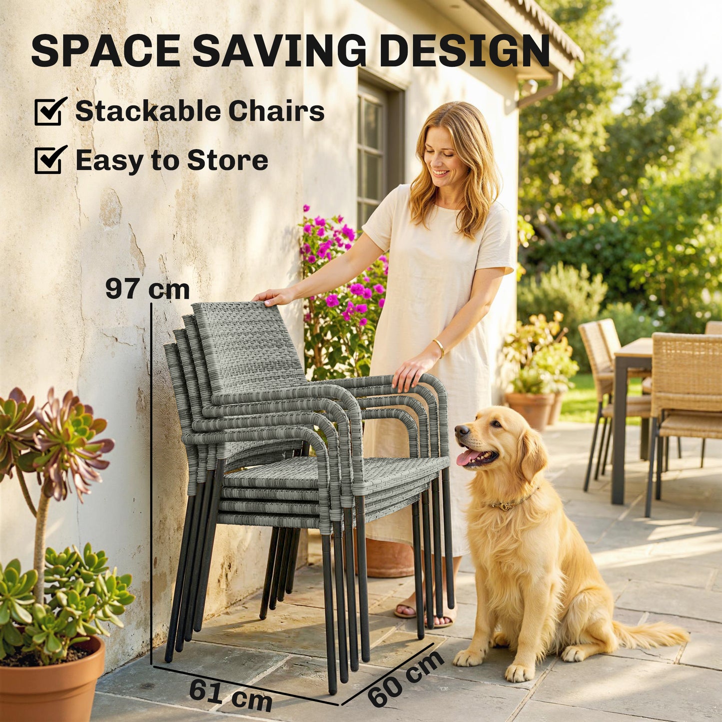 4 Seater Rattan Dining Set with Parasol, 6 Piece Garden Table and Stackable Chairs with Tempered Glass Tabletop