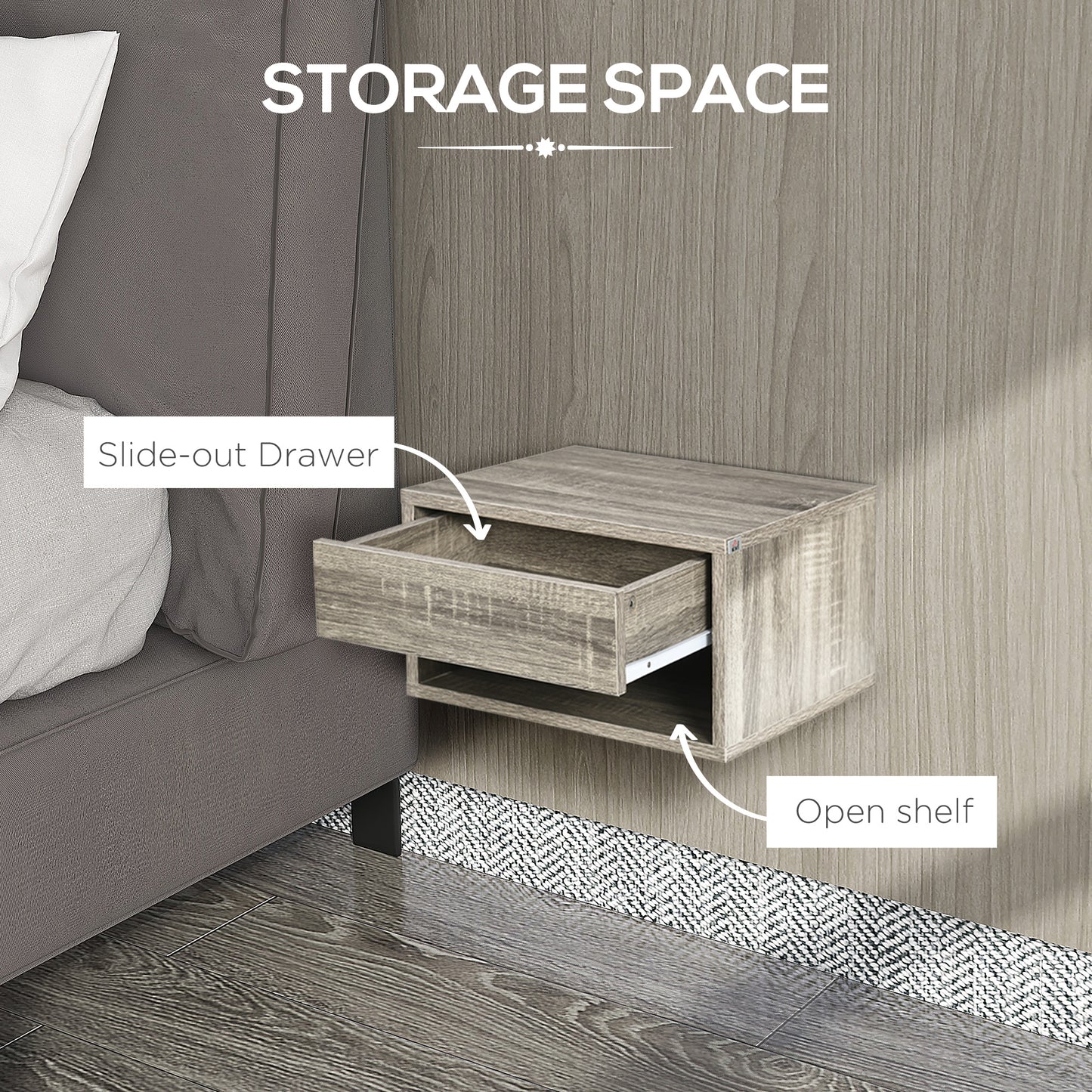Floating Bedside Tables Set of 2, Wall Mounted Nightstand, Grey Wood Effect