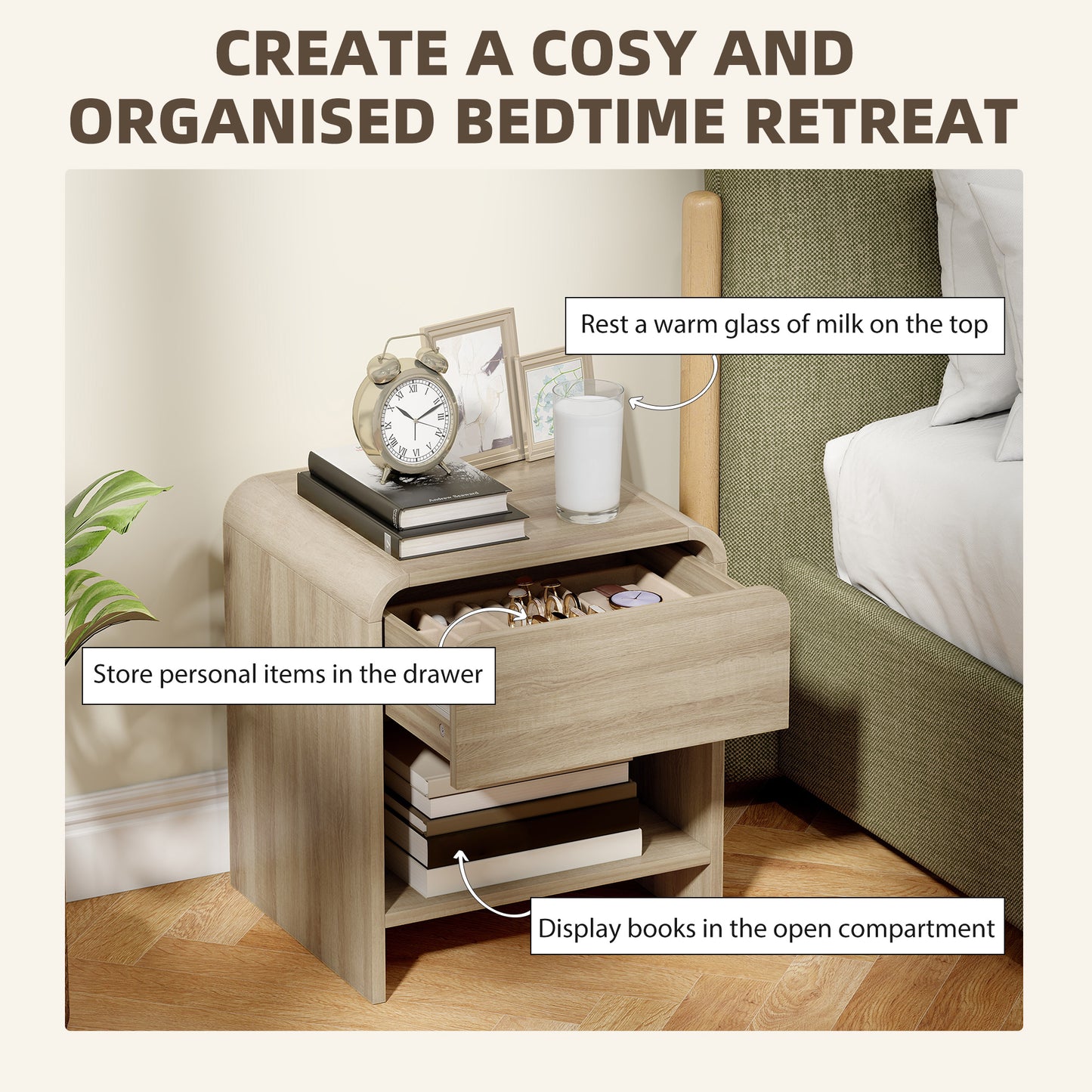 Bedside Tables Set of 2, Nightstands with Rounded Corners, Modern Side Table with Silent Drawer for Bedroom, Natural