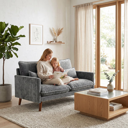 2 Seater Sofa, Loveseat Sofa with Spring Cushions, Wide and Deep Seat, Wood Legs, Grey