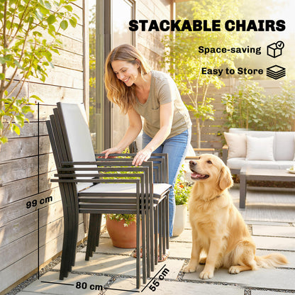 Garden Dining Set for 4 with Umbrella Hole, Stackable Chairs and Rectangular Glass-Top Outdoor Table, Light Grey