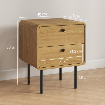 Bedside Table with 2 Drawers and Steel Legs - Oak