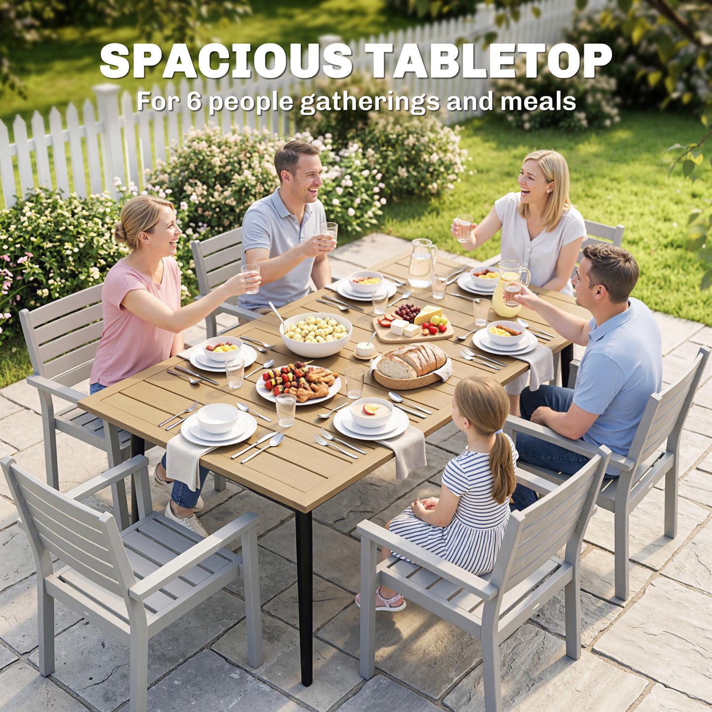 Garden Dining Table, 150 x 90 cm Rectangle Outdoor Table with 5 cm Parasol Hole
