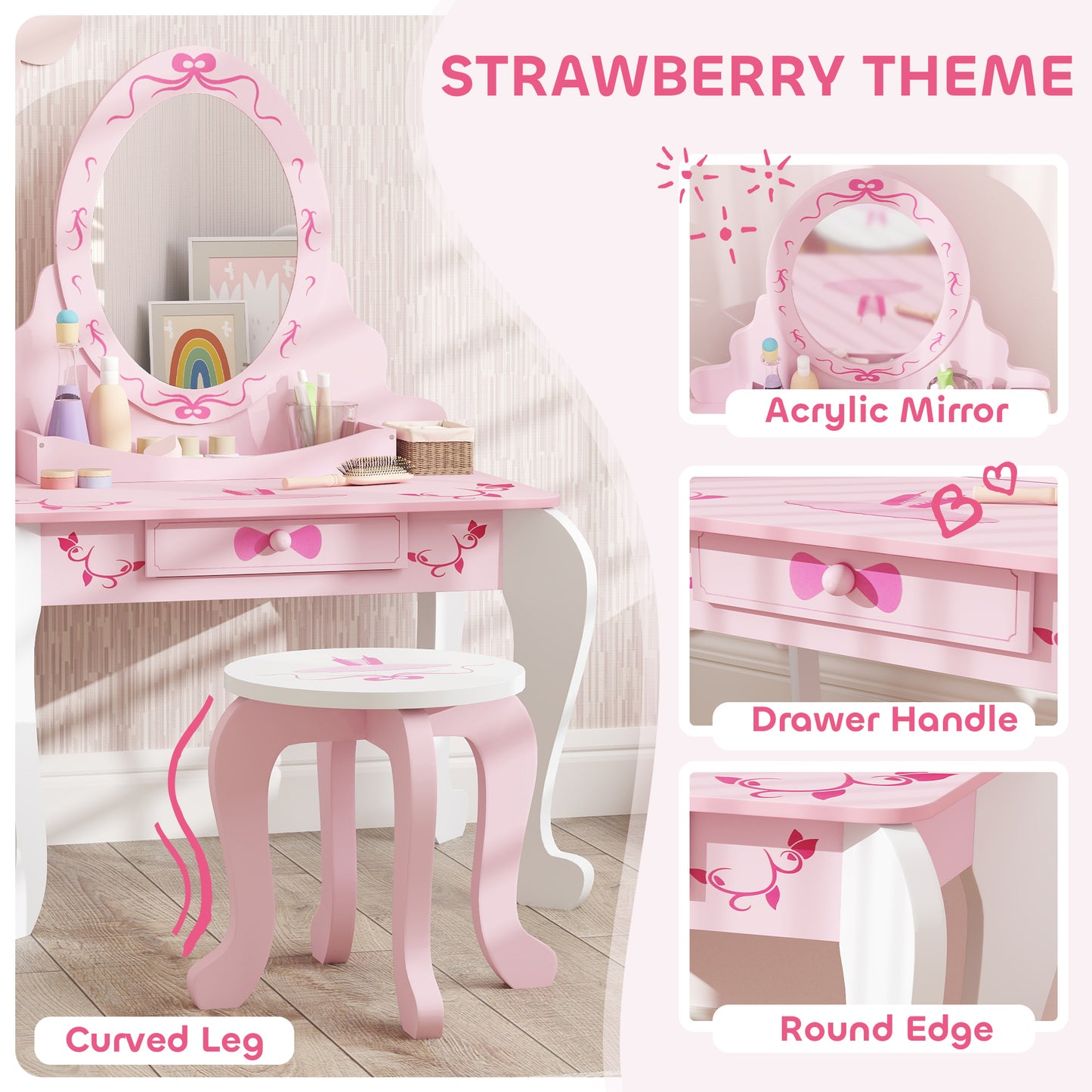 Kids Dressing Table Set, Vanity Table with Stool, Mirror, Drawer, Desktop, Storage, Ballet-Theme, Pink