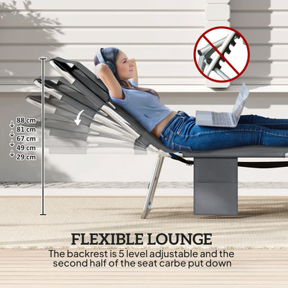 5-Position Adjustable Sun Loungers Set of 2 with Reading Hole and Side Pocket, Dark Grey