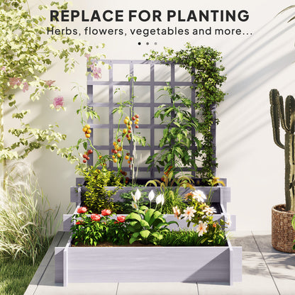 3 Tier Garden Planters with Trellis for Vine Climbing, Wooden Raised Beds, 95x95x110cm, Grey
