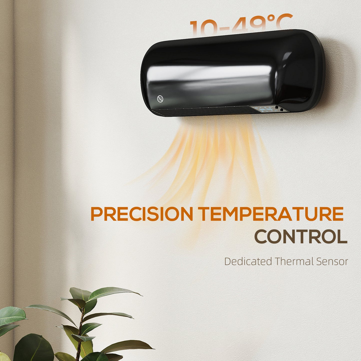 2000W Ceramic Electric Heater with Fan, Adjustable Thermostat, Wall Mounted - Black