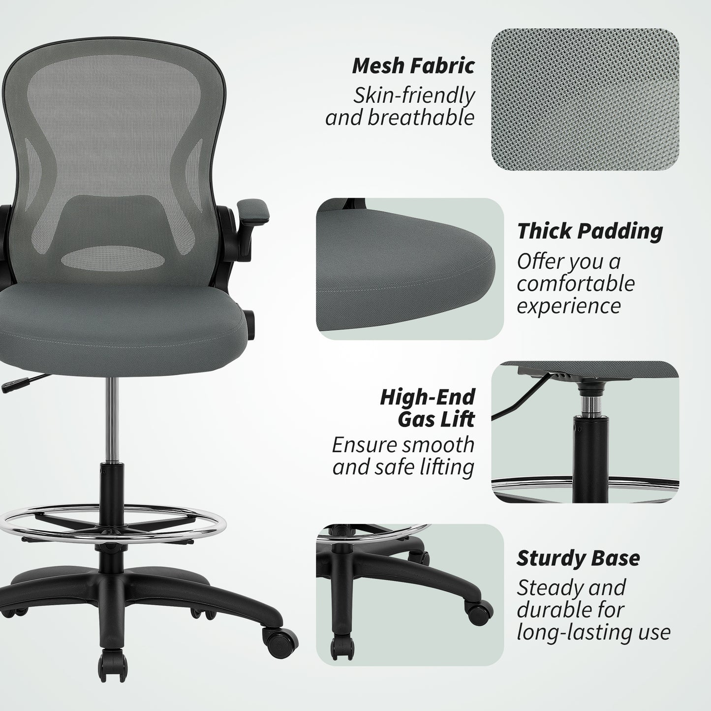 Drafting Chair, Ergonomic Tall Office Chair with Flip-up Armrests, Mesh Back, Lumbar Support