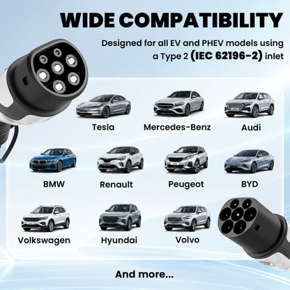 Type 2 EV Charging Cable, 22kW, 32A, Mode 3, 3-Phase, 10m Type 2 to Type 2 EV Extension Cable for EVs, PHEVs