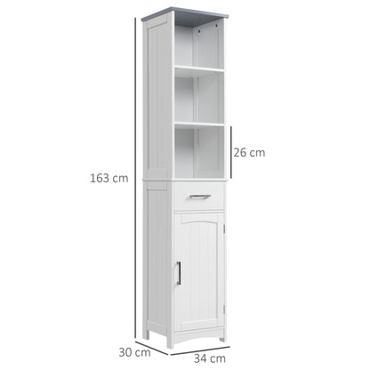 Tall Bathroom Storage Cabinet with 3 Tier Shelf, Cupboard, Drawer, Door, Freestanding Linen Tower, Slim Side Organizer, White