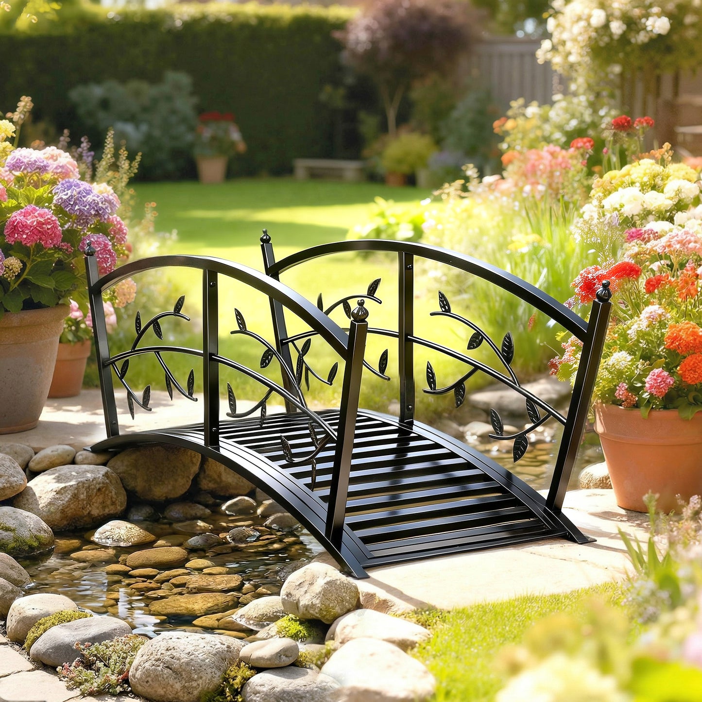 1.2M Metal Garden Bridge with Safety Railings, Outdoor Pond Bridge, Arch Decorative Footbridge for Creek Stream