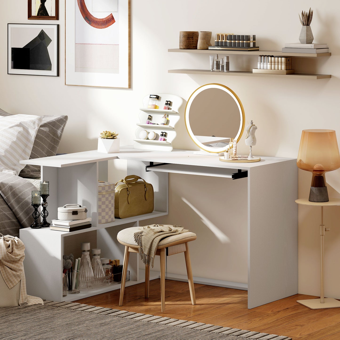 L-Shaped Corner Desk, Computer Desk with Keyboard Tray and Open Shelves, White Wood Effect