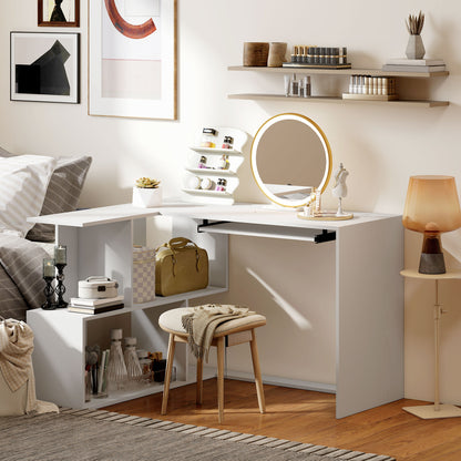 L-Shaped Corner Desk, Computer Desk with Keyboard Tray and Open Shelves, White Wood Effect