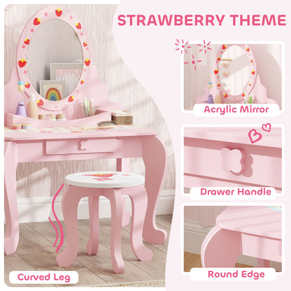 Kids Dressing Table Set, Vanity Table with Stool, Mirror, Drawer, Desktop, Storage, Strawberry-Theme, Pink