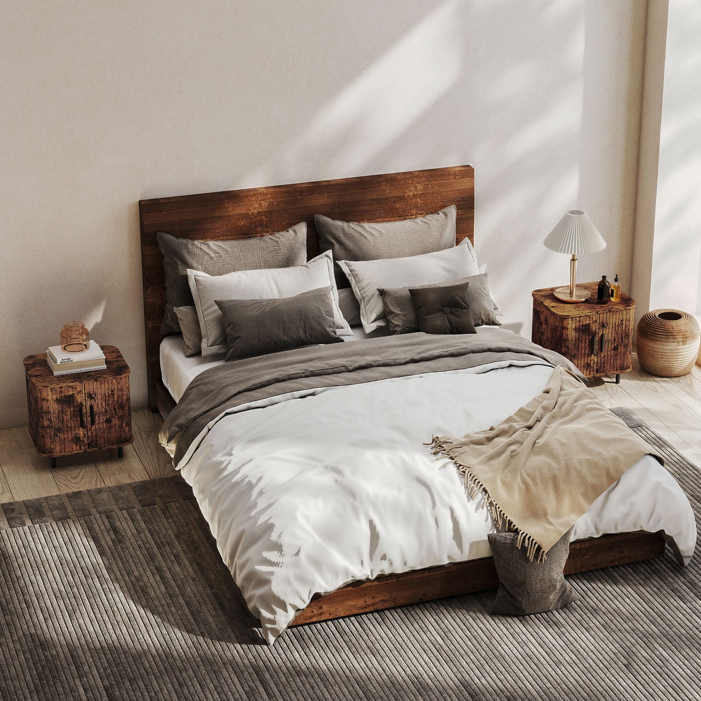 Nightstand with Sliding Doors and Metal Legs Rustic Brown