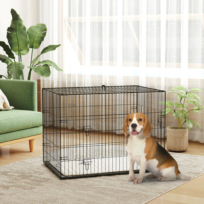 Foldable Dog Crate with 2 Doors with Tray, Soft Cushion, for Large Medium Dogs, 90 x 58 x 62, Black
