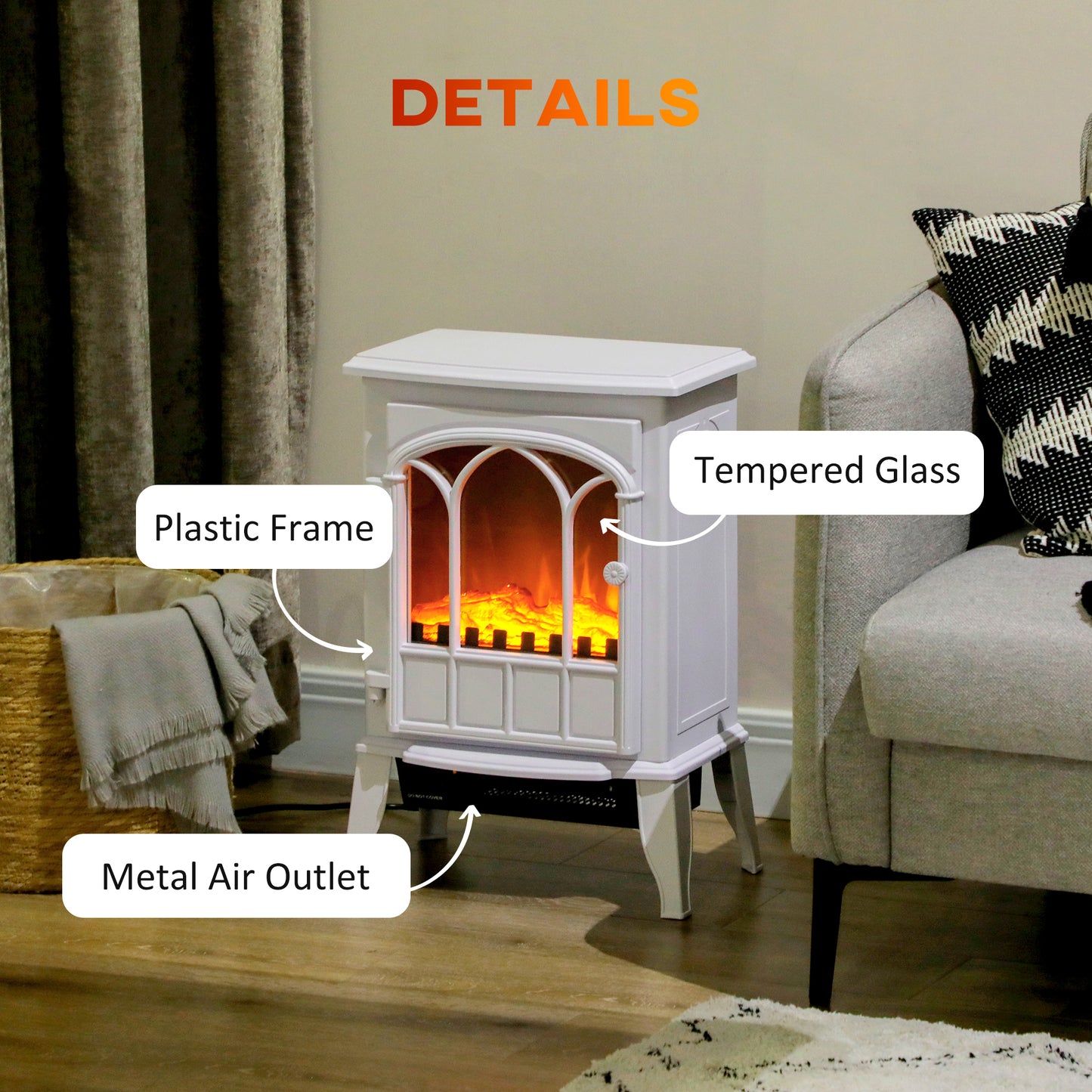Freestanding Electric Fireplace, Electric Log Burner with LED Flame Effect, Overheating Safety System, 1000W/2000W White
