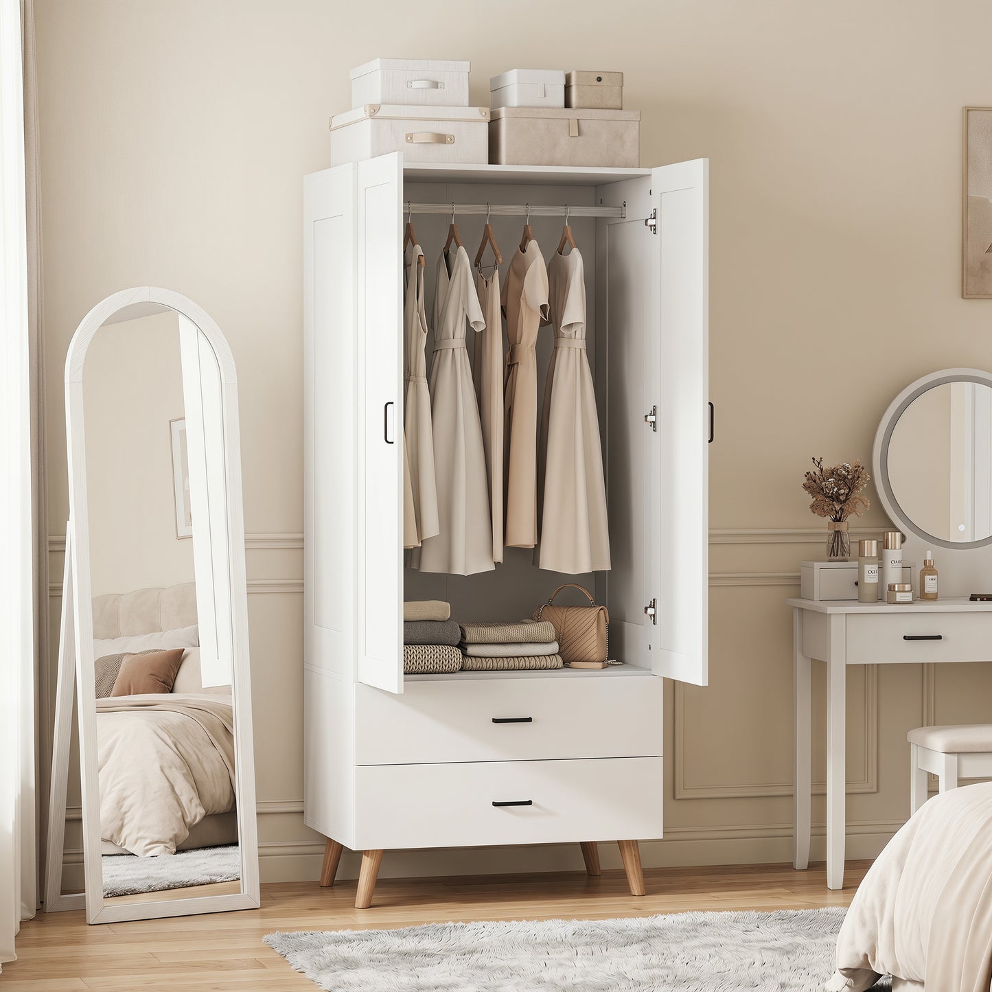 2-Door Wardrobe, Modern Wardrobe with 2 Drawers and Hanging Rail for Bedroom, White